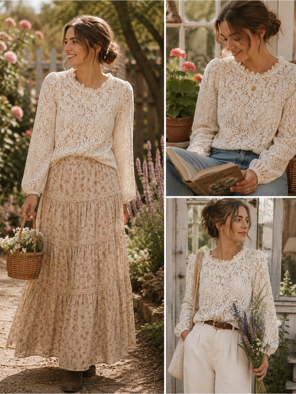 GAP Cream Lace Ruffle-Neck Long Sleeve Blouse